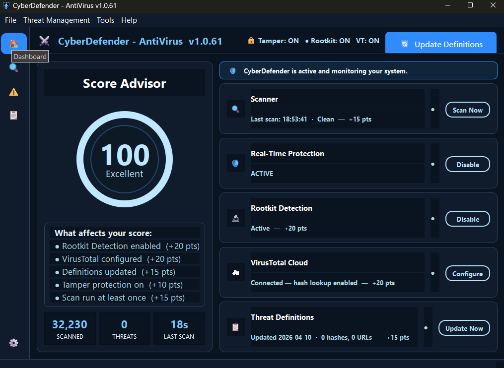 Introducing **CyberDefender AntiVirus** — a powerful, fully standalone security application that requires no background service, eating your system resources. Simply run the executable, and you are protected. Built for Windows, CyberDefender delivers real-time file-system