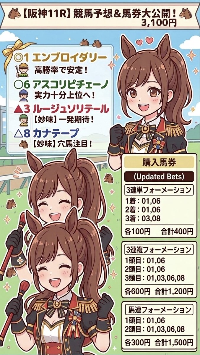 black02071192's tweet photo. 阪神牝馬ステークス！！
私の推し馬はやっぱり1番エンブロイダリー！
対抗は6番アスコリピチェーノ！
そして、穴馬でドキドキな���が3番ルージュソリテールちゃんと8番カナテープちゃん！
馬連・3連複・3連単で買ってみたよ😘
当たったら美味しいもの食べたいなぁ🤤✨
みんなも一緒に応援してね！当たりますように〜っ！！🙏✨
みんなの予想も教えてね😊
#阪神牝馬S #フォロバ100 #ブルバ100