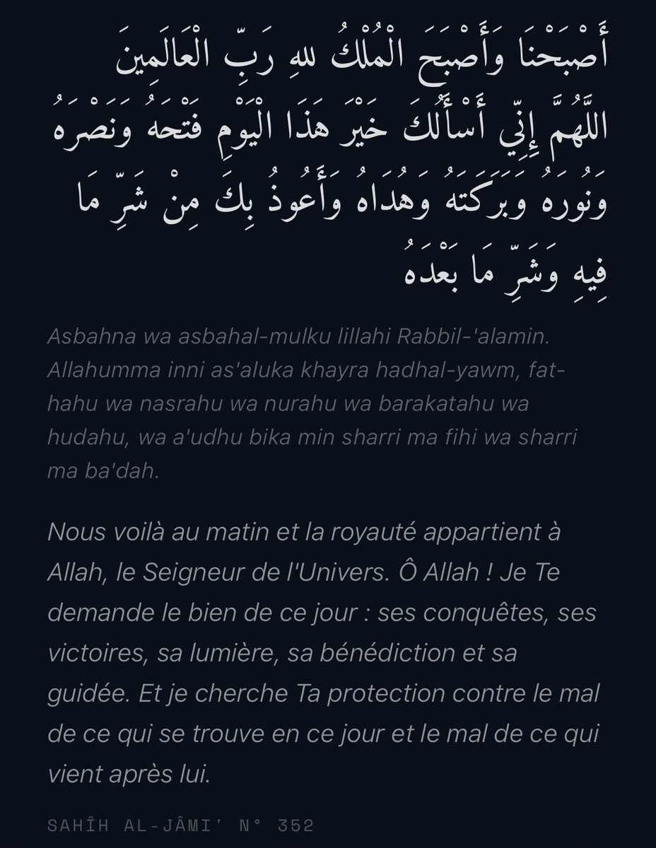 whimsyp0et's tweet photo. Invocation à dire le matin pour demander 5 bénédictions dans la journée : la conquête, la victoire, la lumière, la baaraka et la guidée. Une ouverture complète de la journée sur le bien. ⬇️ https://t.co/Af2XT7hMFU