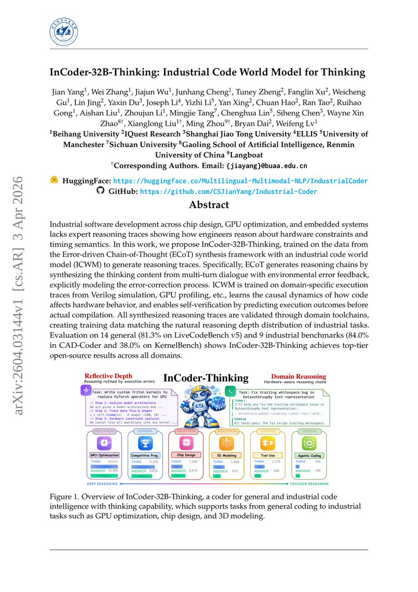 HuggingPapers's tweet image. InCoder-32B-Thinking

The first 32B thinking-augmented code model featuring an Industrial Code World Model trained on execution traces across chip design, GPU kernels, and embedded systems.

Achieves 81.3% on LiveCodeBench V5 and 84% compile pass rate on CAD-Coder.