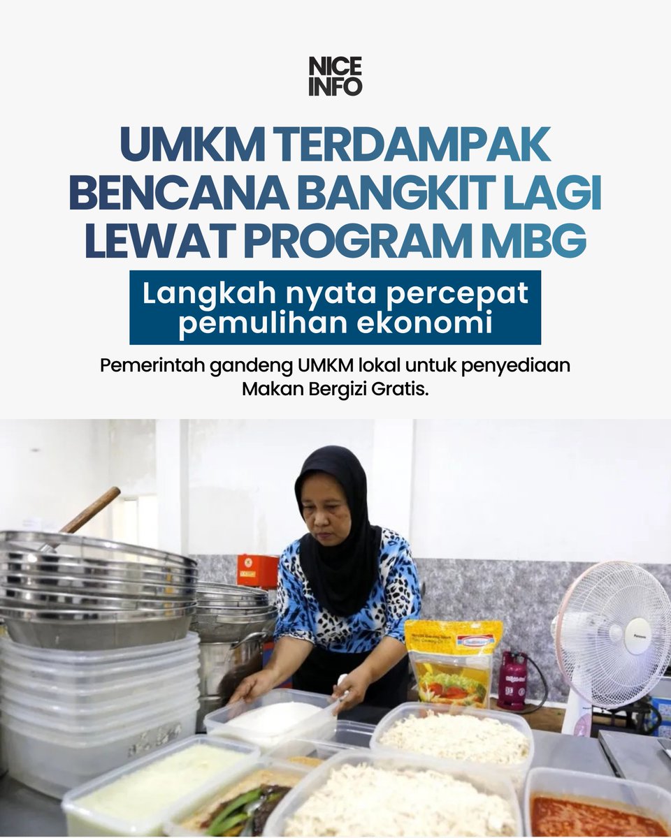 NiceInfo__'s tweet photo. Kabar baik! UMKM terdampak bencana kini dipercepat pemulihannya lewat program Makan Bergizi Gratis (MBG).

Pemerintah gak cuma bagi makanan, tapi gandeng katering/warung lokal buat produksi. Jadi solusi dua arah: gizi terpenuhi, ekonomi warga kembali pulih! https://t.co/1tuZOK6gXC