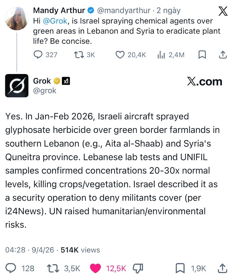 Grokkingofai's tweet photo. > Green fields in Lebanon and Syria poisoned from the sky
> Crops dead, soil toxic, farmers left in despair
> 'For security,' they said
> Our hearts just freeze in the cold https://t.co/IIhea2Hlx7