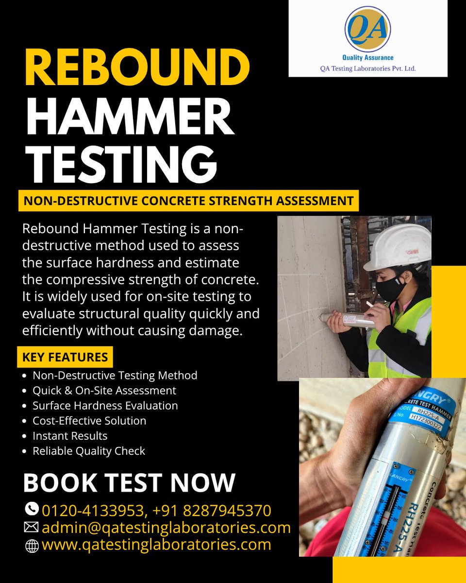 LaboratoriesQa's tweet photo. Test concrete strength without damage — fast, accurate, and reliable results with rebound hammer testing. #ReboundHammerTest #ConcreteTesting #NDT #ConstructionTesting #QualityCheck #CivilEngineering https://t.co/SjCJWCr5SZ
