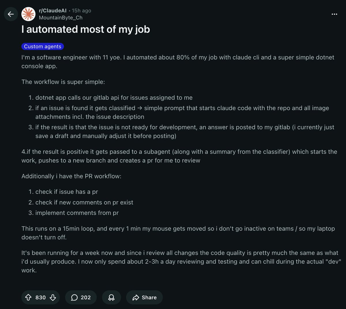 om_patel5's tweet image. THIS GUY AUTOMATED 80% OF HIS JOB WITH CLAUDE CODE AND A SIMPLE DOTNET APP

software engineer. 11 years of experience. here's the workflow:

1\ dotnet app calls GitLab API for issues assigned to him
2\ issue gets classified by Claude. if it's not ready for dev, a draft response