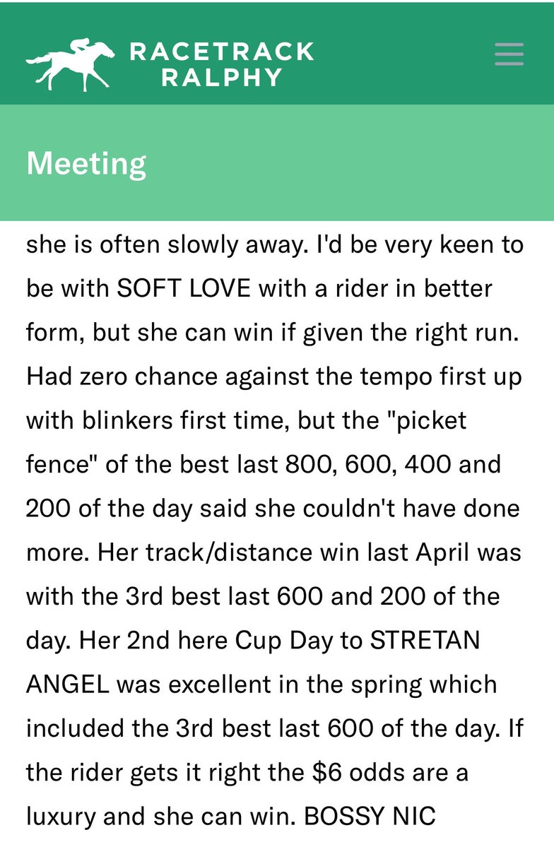 rtralphy's tweet image. Soft Love had zero chance first up against the race shape, but her closing splits were phenomenal 

Our Sizzlers IVR data write up below, although apparently on here now how fast a horse runs in a race is irrelevant #asktwitter
