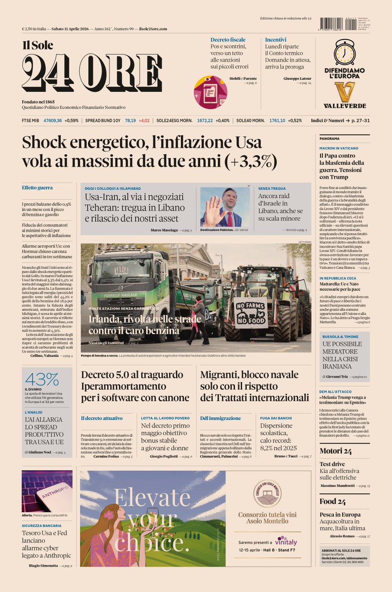 sole24ore's tweet image. Sulla prima pagina del #Sole24Ore di oggi, sabato #11aprile: shock energetico, l'inflazione vola ai massimi da due anni (+3,3%). Decreto 5.0 al traguardo. #Migranti, blocco navale solo con il rispetto dei Trattati internazionali. #buonalettura #primapagina