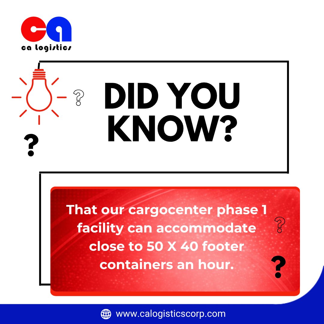 calogisticscorp's tweet image. DID YOU KNOW?
That our cargocenter phase 1 facility can accommodate close to 50 X 40 footer containers an hour.
#wedeliverthepromise
#makeiteasy
#calogistics
#logistics
For more info, visit our website calogisticscorp.com
or email at customerservice@calogisticscorp.com