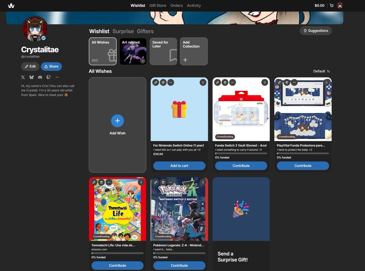 Good morning everyone, I hope y'all have an amazing Saturday!💙Lot's of people got fully funded and funded yesterday and it brings me SM joy,because we all deserve it <3
I still have a few things I need to get for my Switch, I would appreciate any help! :3
throne.com/crystaliitae