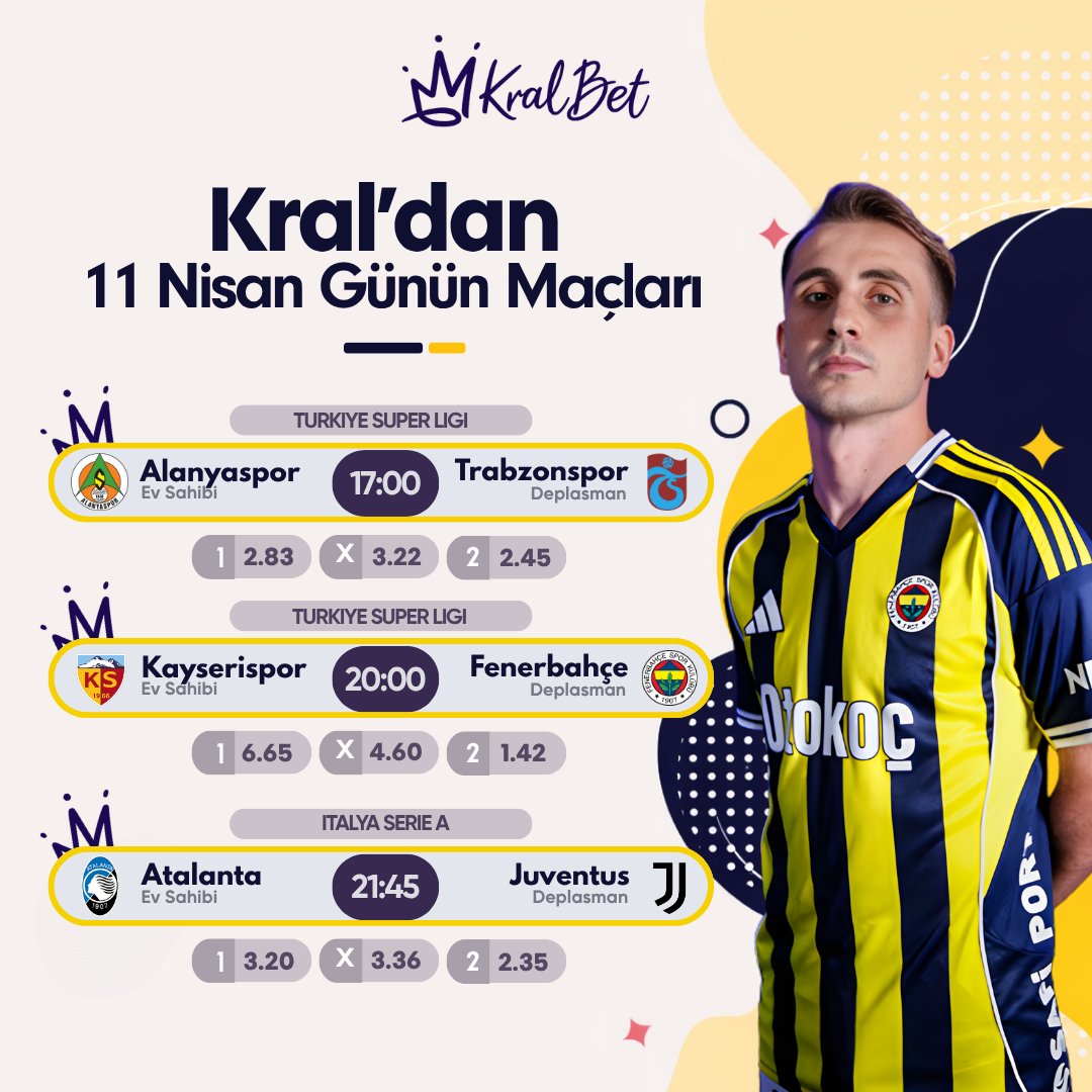 Kralbet_Turkey_'s tweet image. ⚽️ 17:00 | Alanyaspor - Trabzonspor
⚽️ 20:00 | Kayserispor - Fenerbahçe
⚽️ 21:45 | Atalanta - Juventus

🏆 Günün favori maçları, geniş bahis seçenekleri ve en kral oranlarla #KralBet’te! 👑

✅ En kral oranlarla krallar gibi kazan!

#ALYvTS #KYSvFB #Fenerbahçe #Trabzonspor