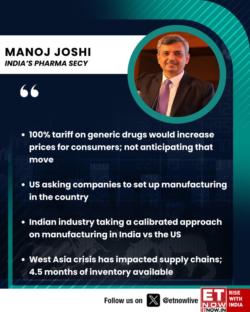 ETNOWlive's tweet image. #ETNOWExclusive | 100% tariff on generic drugs would increase prices for consumers; not anticipating that move says India's Pharma Secy Manoj Joshi

@Pharmadept #pharma #US #Trumptariffs #tariffs