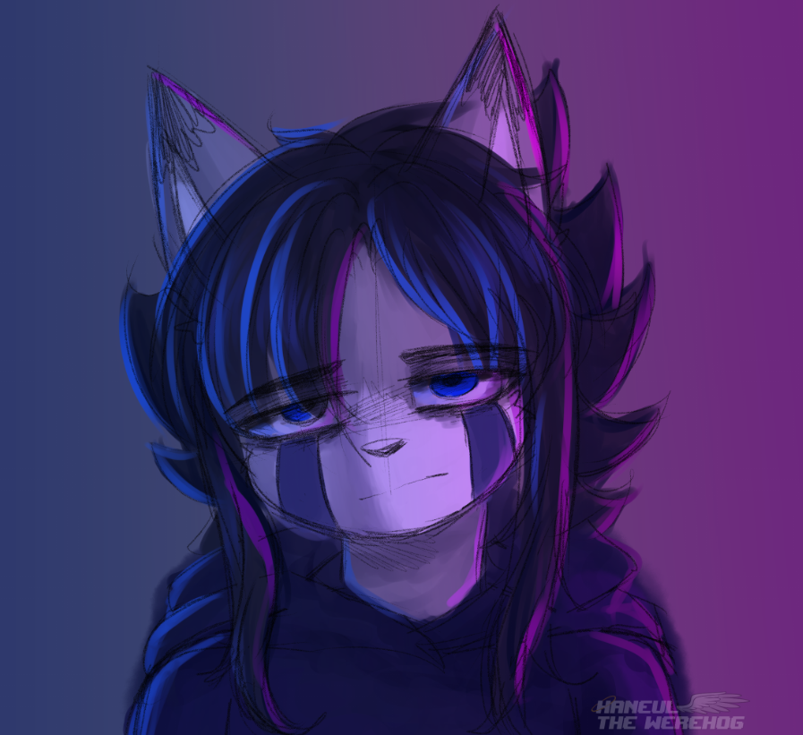 Lately I feel more like Stefano than Haneul, it's been two weeks with my somewhat fluctuating identity XD 💙🖤 (Don't worry, it's normal to be bigender, I think?)

#Haneul_Werehog  #Art #Drawing