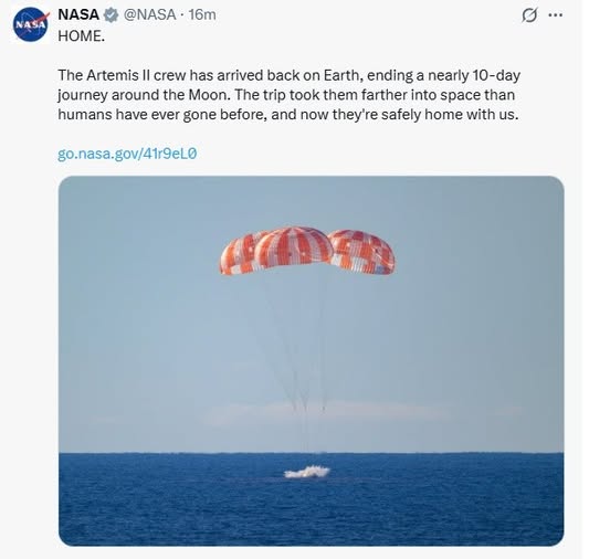 greater_jammu's tweet image. NASA (@NASA) posts, "HOME.   The Artemis II crew has arrived back on Earth, ending a nearly 10-day journey around the Moon. The trip took them farther into space than humans have ever gone before, and now they're safely home with us."

#greaterjammu