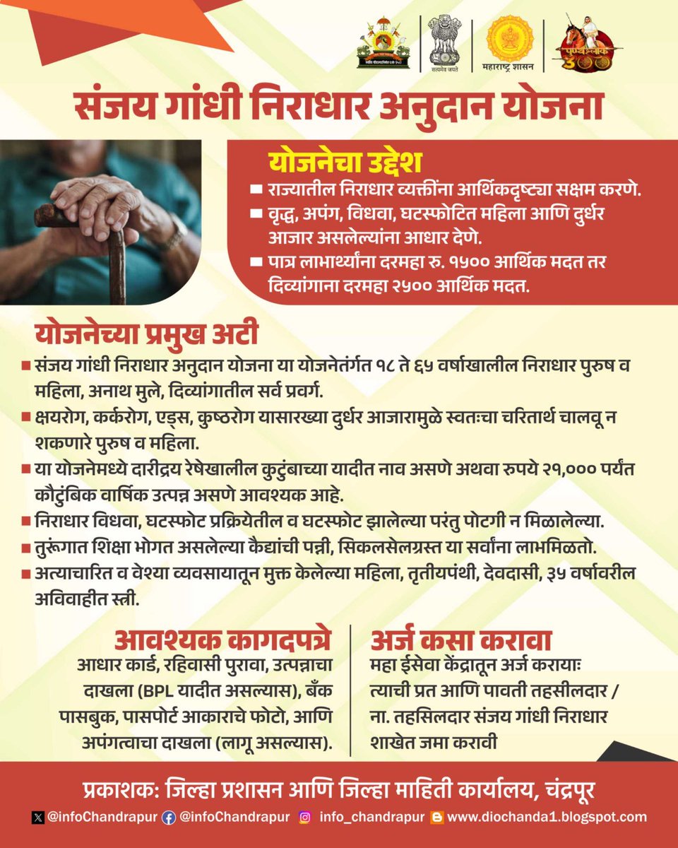 InfoChandrapur's tweet photo. संजय गांधी निराधार अनुदान योजना

#umemployment #mahadgipr #socialsecurity #chandrapur # https://t.co/T9hiyDPc8n