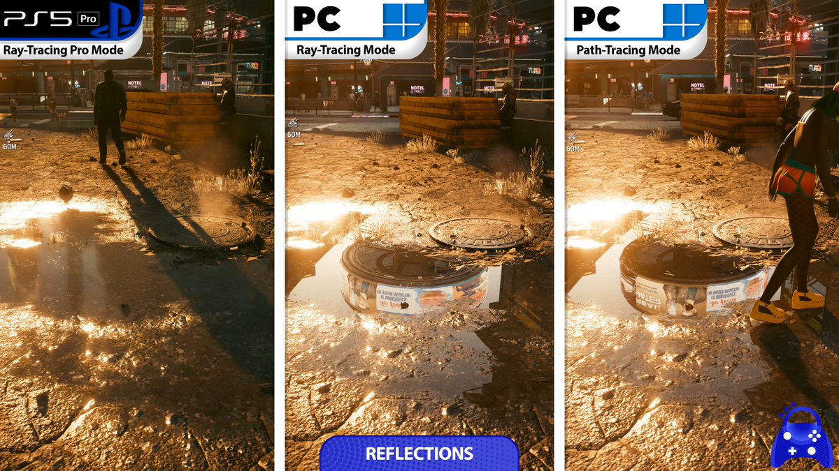 YatoSubs1's tweet image. الاختلاف البصري بين نسخة الحاسب (إعدادات PT على اليمين والـ psycho بالمنتصف) ونسخة PS5 Pro من Cyberpunk 2077 على وضع RT Pro

المقارنة الكاملة:
youtu.be/gVB64DU7ANk?si…