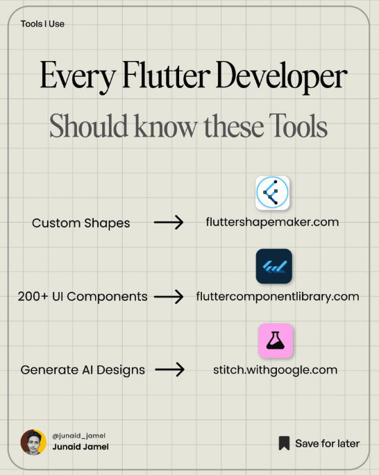 Junaid_Jamel's tweet photo. Every Flutter Developer should know these tools to speed up their workflow.

→ Flutter Shape Maker
https://t.co/D8i8gDh0k3

→ FlutterComponentLibrary
https://t.co/CIdnEVAWyT

→ Stitch by Google
https://t.co/M3MZYHWDVV

#BecomeABetterEngr https://t.co/XcgBfJ1Rn1