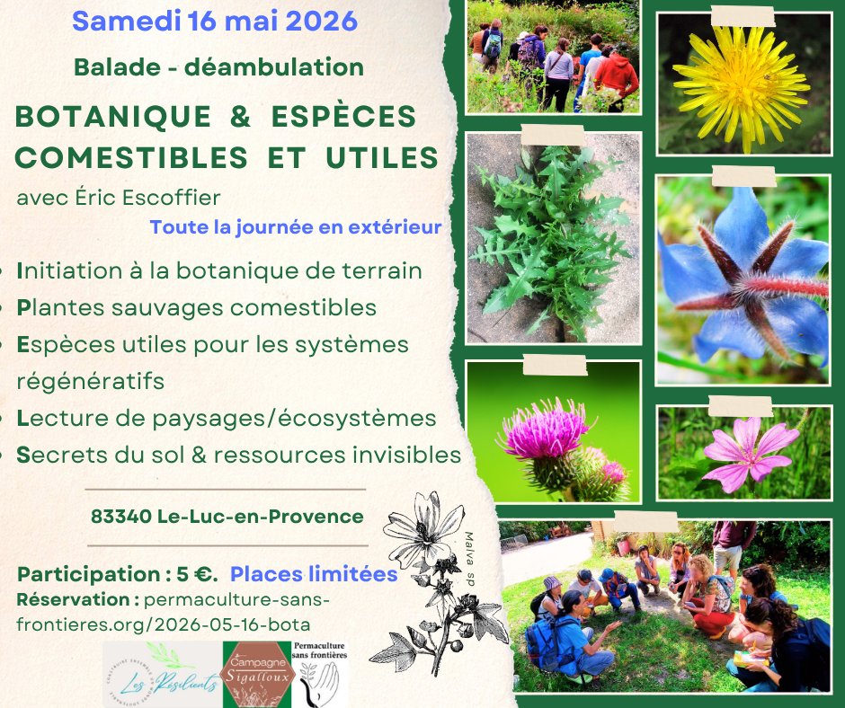 _Permaculture's tweet photo. Samedi 16 mai 2026 - Le-Luc-en-Provence (83340), Var.
Déambulation BOTANIQUE &amp; ESPÈCES COMESTIBLES ET UTILES animée par Éric Escoffier. Toute la journée en extérieur
- Horaires : 10h-16h30
- Participation : 5 €.
➙ https://t.co/zM6iJ1H68A https://t.co/bQwgDMlB0r