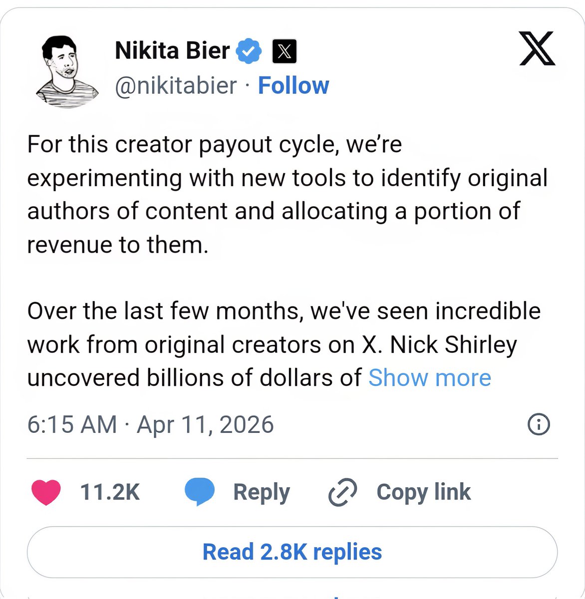 AviiWeb3's tweet image. 🚨 Big news for original creators on 𝕏.

Nikita just announced X is testing a feature to identify original creators of posts and reward them directly with ad revenue.

Not just the accounts that repost, but the ones who actually create the content first.

If this rolls out