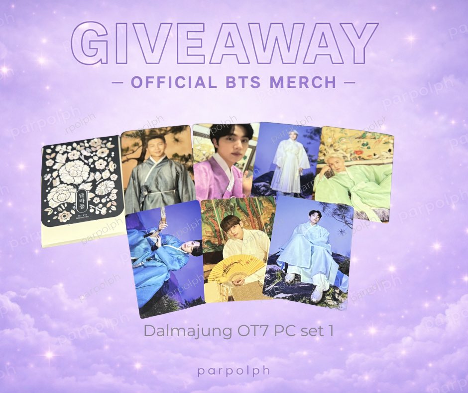 parpolph's tweet photo. ✨GIVEAWAY TIME, PH ARMYs✨

2 winners per platform
FB, Insta, X, TT

💜HOW TO JOIN
Follow at least 2 socials (parpolph)
Like + repost
Tag a friend + send proof

📅 May 31
📦 Shipping c/o winner

Join all platforms for more chances 👀
(1 win per person only)

Good luck 💜 https://t.co/ern5EEpVNX