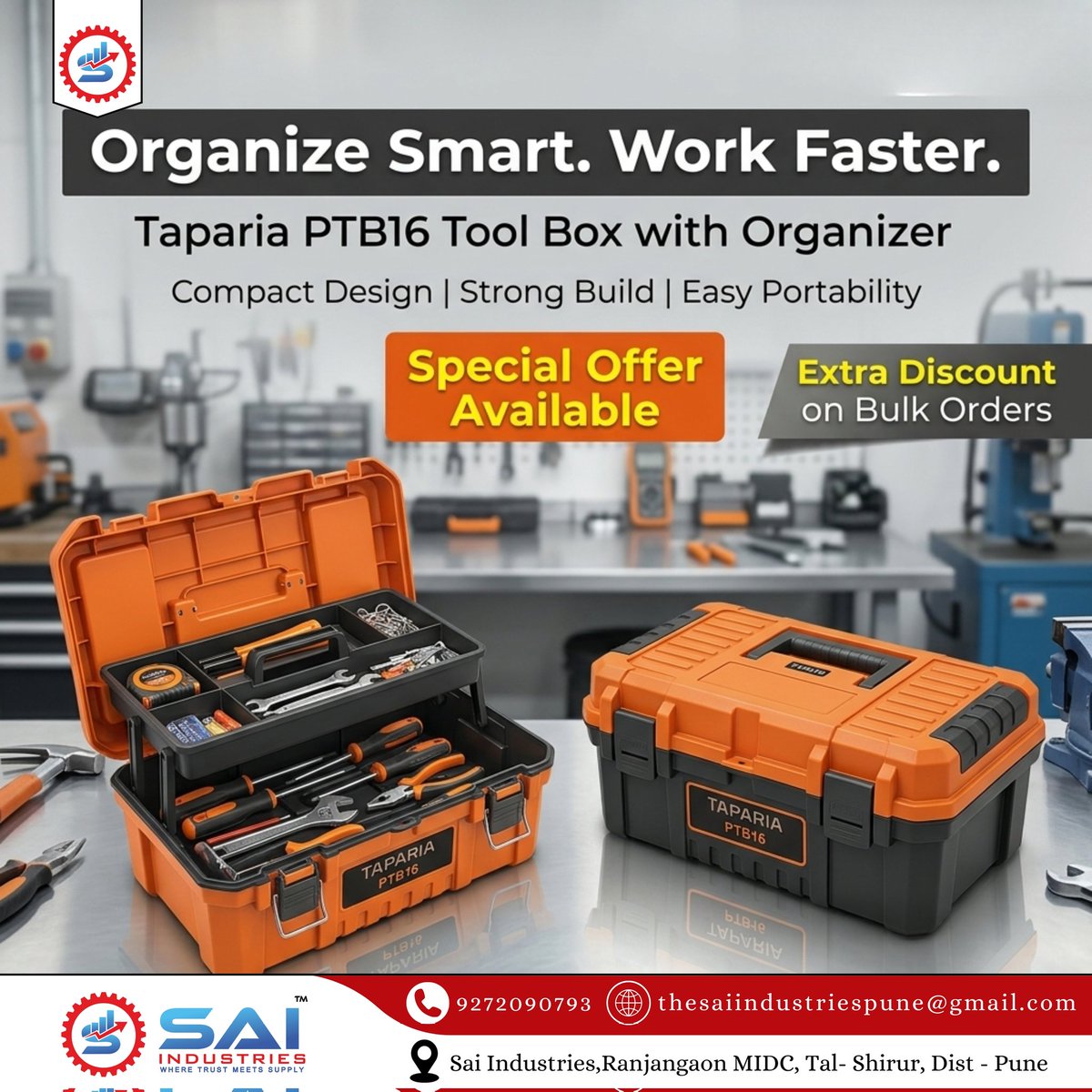 Sai__Industries's tweet image. Keep your tools organized and always ready 🧰 Sai Industries offers Taparia PTB16 tool box with smart compartments, मजबूत build, and easy portability for daily industrial use. Special offer available with extra discount on bulk orders.

#SaiIndustries #ToolStorage