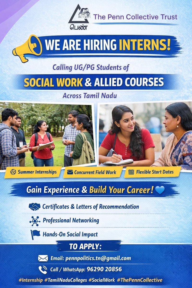 Calling UG/PG students from Social Work &amp; allied fields across Tamil Nadu 🌱
Gain hands-on experience, build networks &amp; work on impactful projects ✊🏽💙
Apply now: pennpolitics.tn@gmail.com
📞 9629020856
#ThePennCollective #Internship #SocialWork #TamilNaduStudents