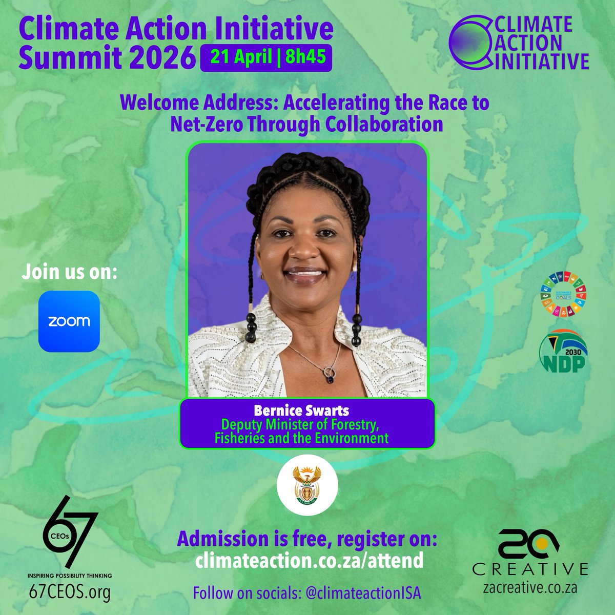 The race to net-zero has begun. The question is not whether you will participate, but how visibly and how effectively you will lead.

At the Climate Action Initiative Summit 2026, representing the Deputy President, the Welcome Address will be delivered by Bernice Swarts, Deputy