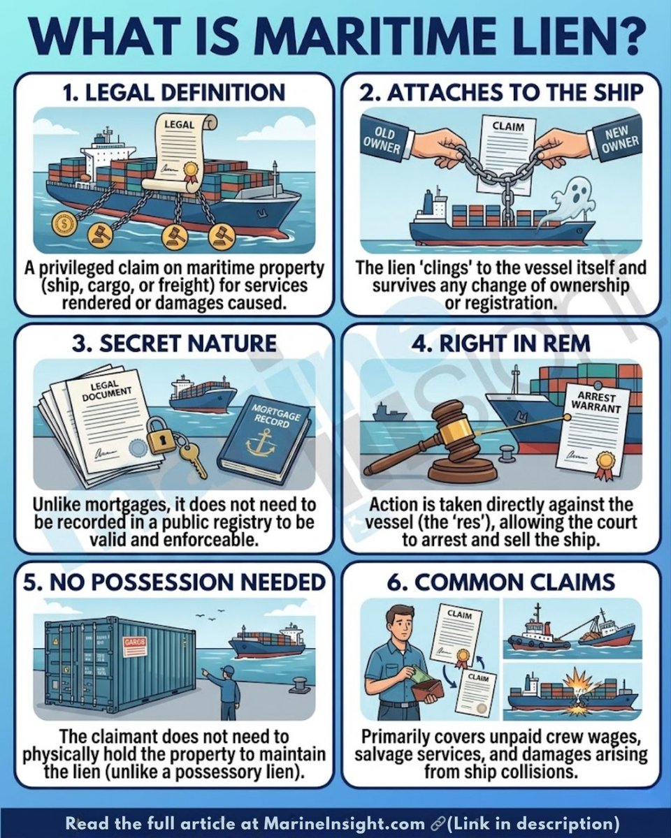 MarineInsight's tweet image. Ever heard of a secret claim that sticks to a ship no matter who owns it? That’s the power of a Maritime Lien read more here 👉 marineinsight.com/is-maritime-li…

#MaritimeLaw #MaritimeLien #MarineSafety #LawAtSea #SeafarersRights #MaritimeJustice #ShipOwner #MarineInsight