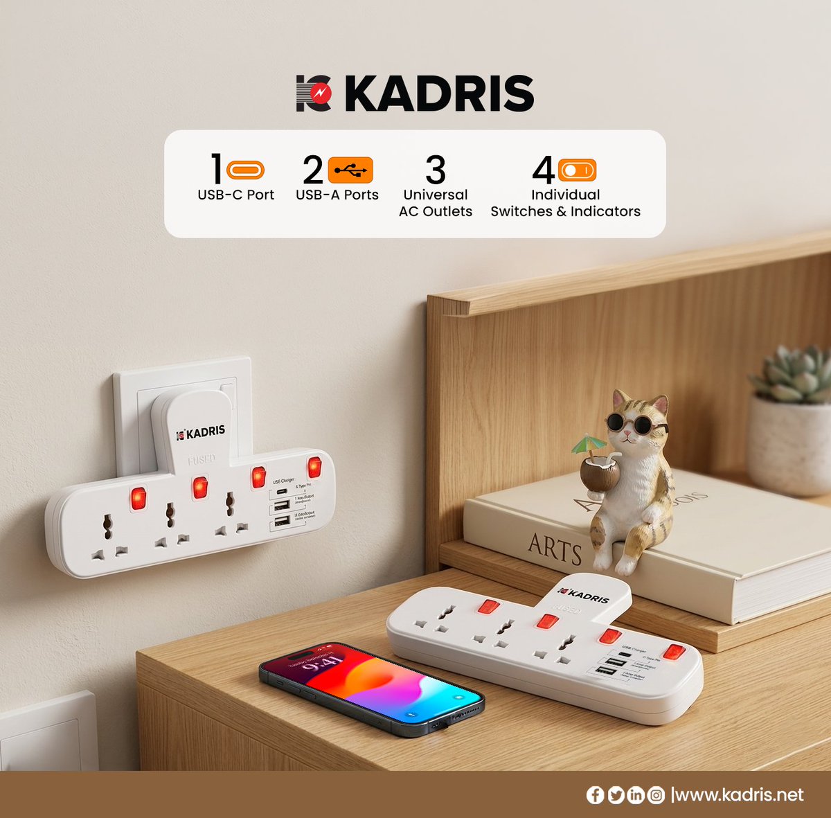 Kadrisae's tweet photo. 🔌⚡ KADRIS Wall Extension Sockets with 2 USB Type-A &amp; 1 Type-C – Smart Power, Simplified! 📱🔋
Charge multiple devices and plug in with ease — all in one compact, safe, and reliable solution for modern living.

#KADRIS #WallExtensionSocket #USBPorts #TypeC #TypeA #SmartCharging https://t.co/JoXObNSMnl