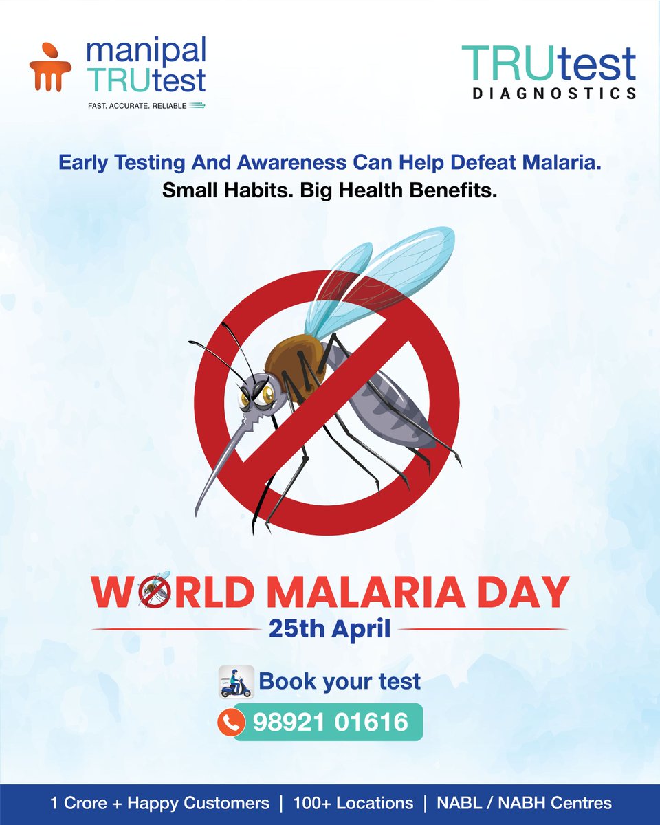 manipalTRUtest's tweet image. Early awareness &amp;amp; timely testing can make a critical difference in preventing and managing malaria.

This #WorldMalariaDay, let’s prioritise prevention, stay vigilant, &amp;amp; take proactive steps towards better health.

#PreventiveHealthcare #EarlyDetection #PublicHealth #TRUtest
