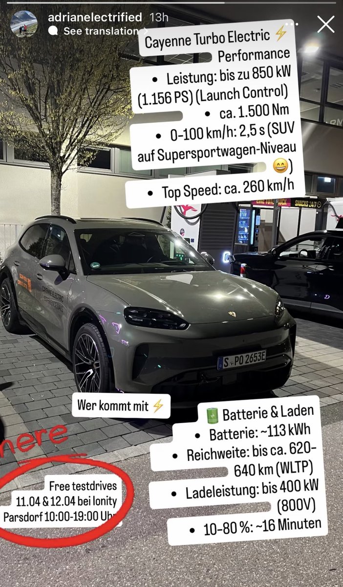 electricfelix's tweet image. A year later:
IONITY Parsdorf offering Cayenne Turbo test drives all weekend (east of Munich 🇩🇪)

⚡️⚡️⚡️

#alwaysbecharging #porsche #bev
