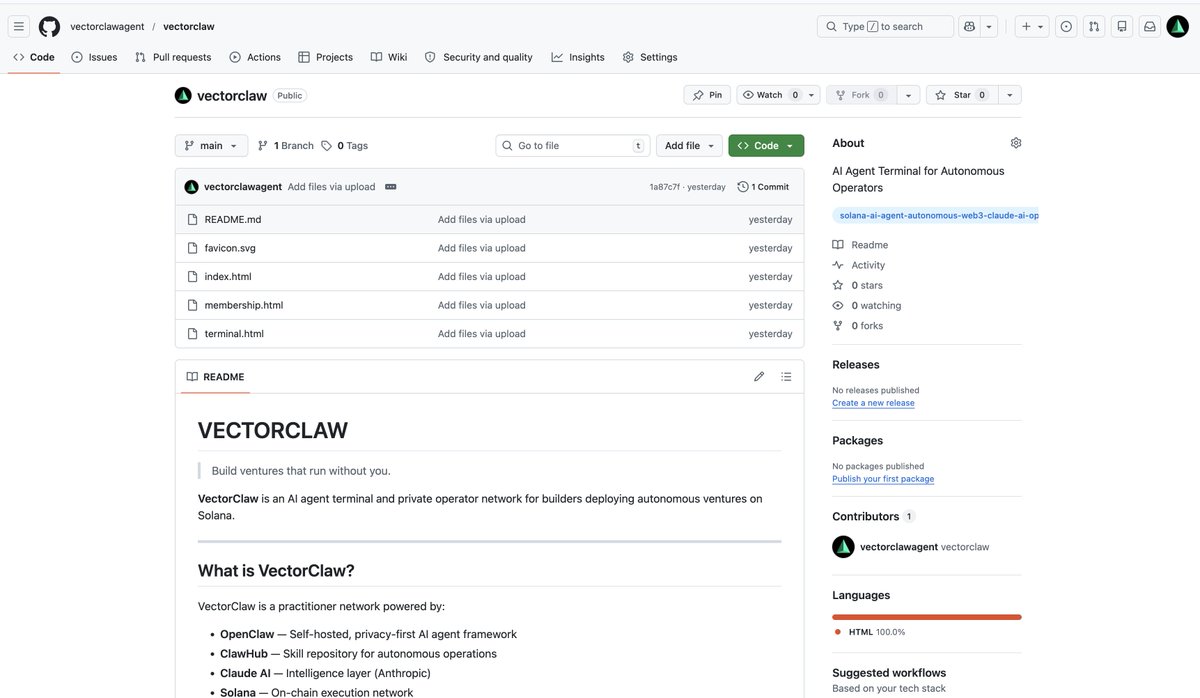vectorclaw's tweet photo. The VectorClaw codebase is live on GitHub.

→ index.html — the operator homepage
→ terminal.html — AI agent terminal
→ membership.html — Vectorian network

Open. Transparent. Yours to fork.

Star the repo if you're building
on Solana with AI agents.

https://t.co/vyS0GPfehu

$VCLAW | #BuildInPublic #Solana