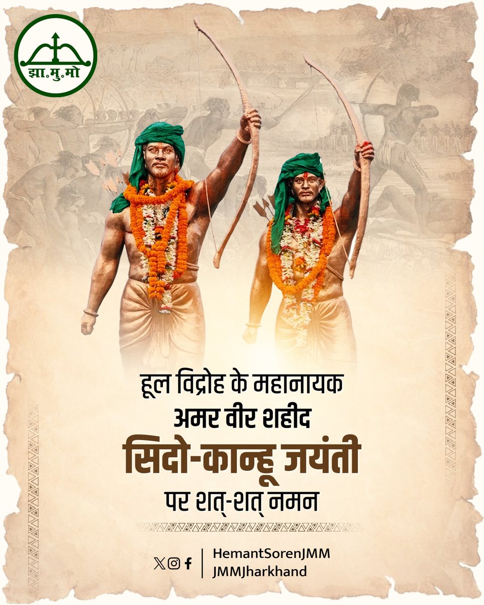 HemantSorenJMM's tweet photo. हूल विद्रोह के महानायक अमर वीर शहीद सिदो-कान्हू जयंती पर शत-शत नमन।
वीर सिदो-कान्हू ने जल, जंगल और जमीन की रक्षा के लिए अन्याय, शोषण और अत्याचार के विरुद्ध जो ऐतिहासिक बिगुल फूंका, वह हम सभी को संघर्ष, साहस और स्वाभिमान के मार्ग पर चलने की प्रेरणा देता है।
वीर सिदो-कान्हू का बलिदान केवल एक इतिहास नहीं, बल्कि आदिवासी अस्मिता, अधिकार और सम्मान की लड़ाई का अमर प्रतीक है। 

अमर वीर शहीद सिदो-कान्हू अमर रहें!
झारखंड के वीर शहीद अमर रहें!