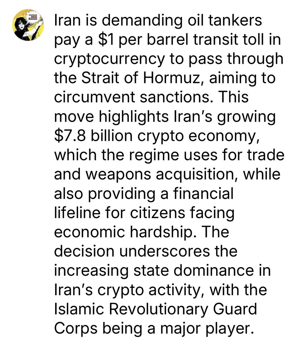 glykosymoritis's tweet image. Iran’s $7.8 billion crypto economy finds new way to grow after cease-fire: Iran wants to receive tolls on oil tankers in cryptocurrency to ensure that they can’t be traced or confiscated because of sanctions archive.ph/5o50y #IranWar #sanctions #crypto