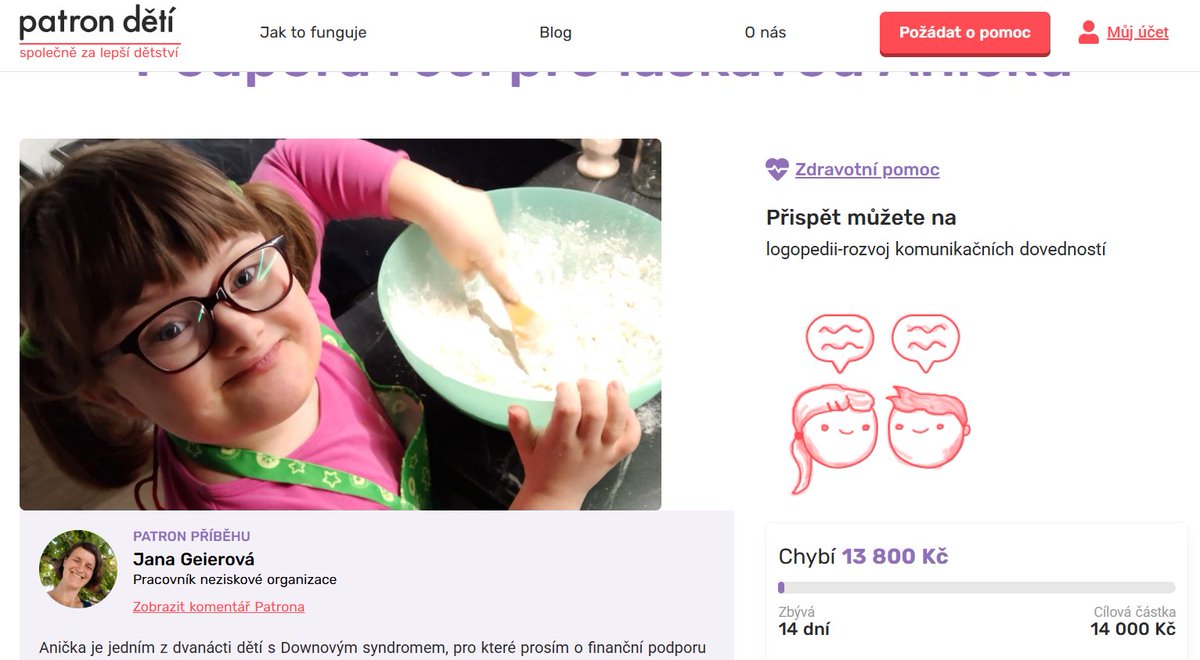 Jestli nejste připraveni utratit pár stovek, pak na vlákno neklikejte

Na <a href="/PatronDeti_2017/">X Patron dětí</a> je 607 dětí, co potřebují pomoc

Malá Anička se narodila s Downovým syndromem. Její mamka shání 13 800 Kč na logopedický kurz, aby Anička uměla lépe komunikovat patrondeti.cz/pribeh/natalka…