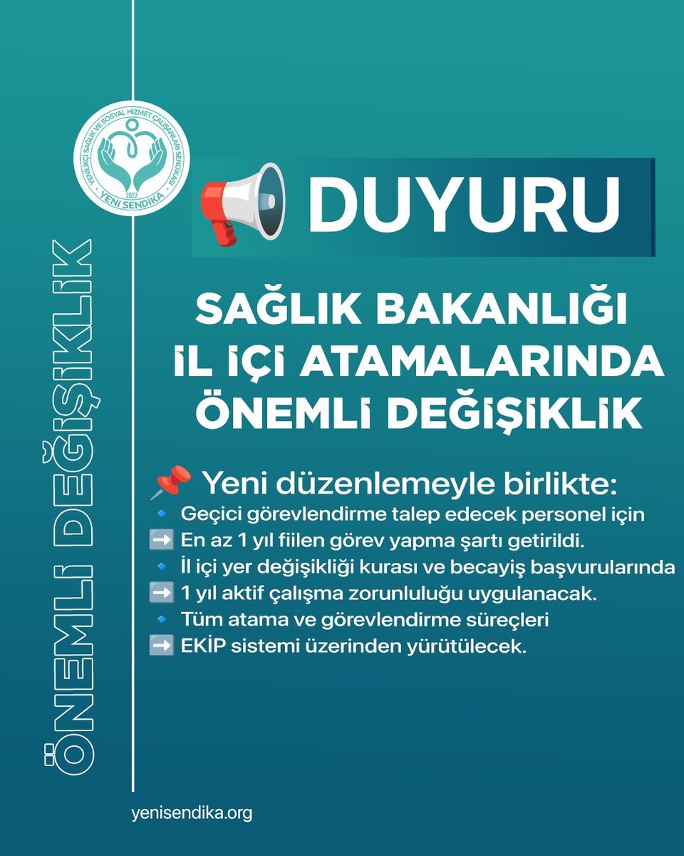 YenisendikaORG's tweet photo. İl içi atamalarda yeni düzenleme yürürlükte.
#YeniSendika https://t.co/G37W80Arh7