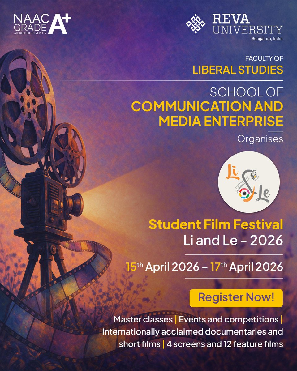 REVAUniversity's tweet photo. Cinema lovers, this one’s for you.

Li and Le 2026 is bringing three days of screenings, stories, competitions, masterclasses and all the film-festival energy to REVA. From documentaries and short films to feature films across multiple screens, it’s going to be a space full of ideas, creativity and serious movie love.

If films are your thing, you already know where to be.

15th April 2026 – 17th April 2026

Register now

#REVAUniversity #LiAndLe2026 #StudentFilmFestival #FilmLovers #CampusVibes #LiberalStudies