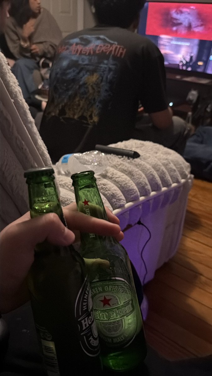 at my hg’s boyfriend’s place. group of us for her bday. he’s a stud and lets me drink for free. i’ve known for 15 years and she’s fucking insane. heinekens and reminiscing. priceless.