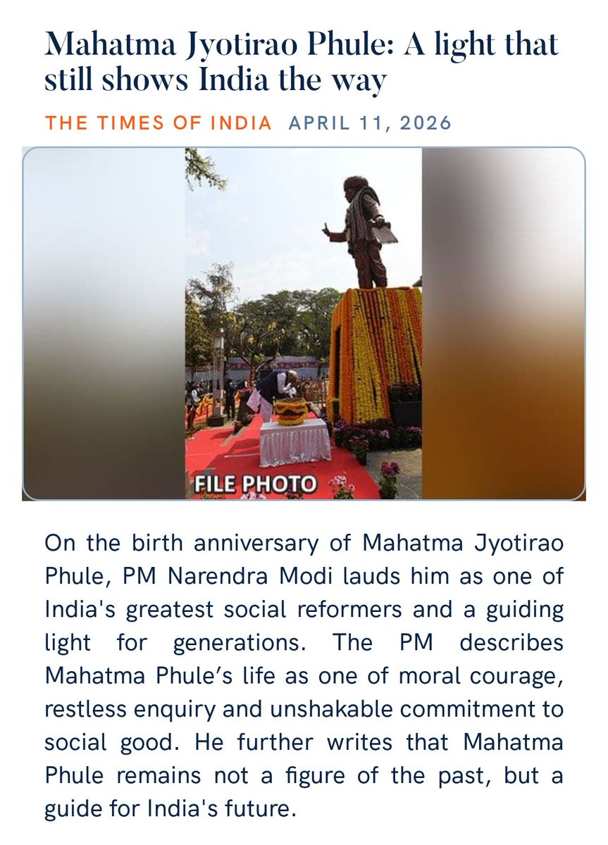Mahatma Jyotirao Phule: A light that still shows India the way 
PM <a href="/narendramodi/">Narendra Modi</a> Ji lauds him as one of the India’s greatest social reformers. PM describes His life as one of moral courage &amp; unshakeable commitment to social good. 
timesofindia.indiatimes.com/india/mahatma-…
<a href="/PMOIndia/">PMO India</a>