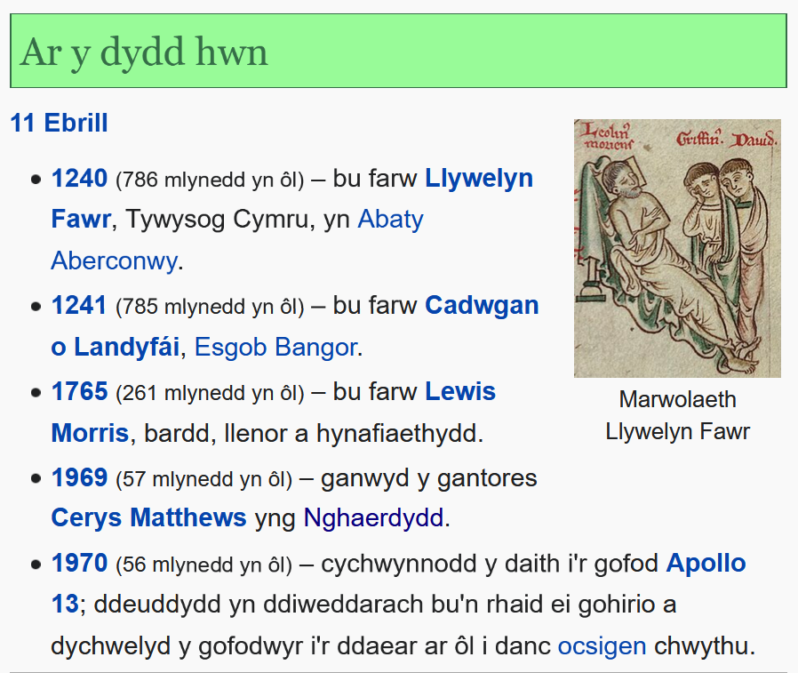 WiciCymru's tweet photo. 11 Ebrill
Ar y dydd hwn #aydh ar wici:

https://t.co/bwL3kAPeC0 https://t.co/GuYrpOEvZJ