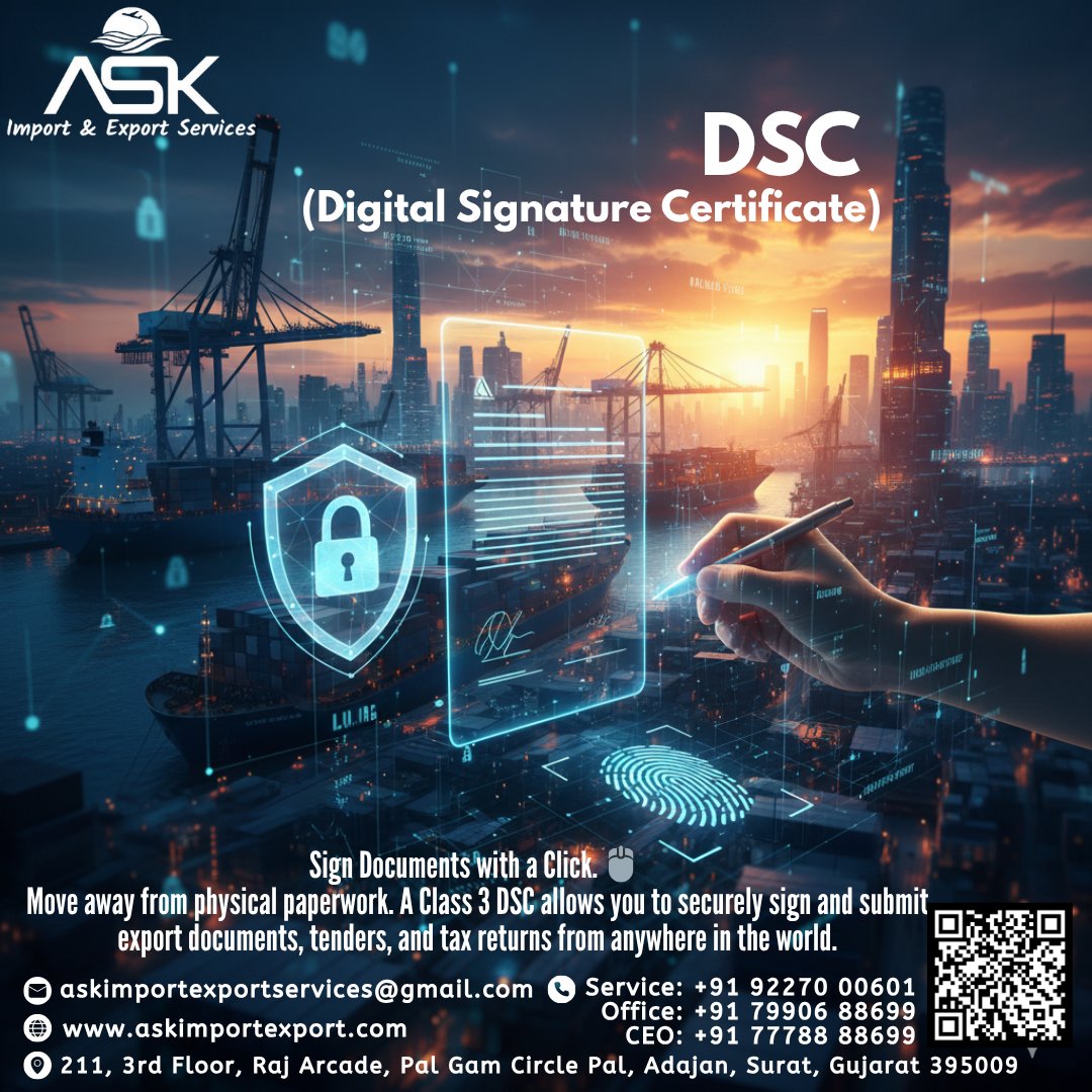 askimpoexpo's tweet image. Sign Documents with a Click!🖱️🛡️

Move away from paperwork with a Class 3 DSC. Securely sign export documents, tenders, and tax returns from anywhere in the world! Boost your efficiency with ASK Import &amp;amp; Export Services today.
📞: +91-9227000601

#DSC #ASKServices #DigitalIndia