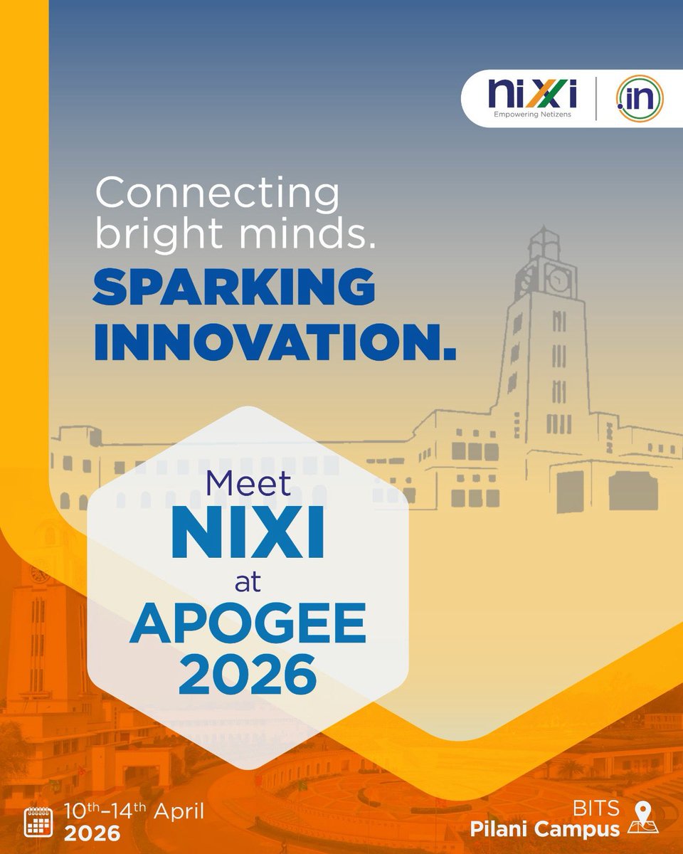 inregistry's tweet image. Innovation thrives where people come together to interact, explore, and create. ✨

NIXI is glad to be part of APOGEE 2026, engaging with young innovators shaping the future of India, one idea at a time.

#innovation #create #digitalindia #bitspilani #nixi