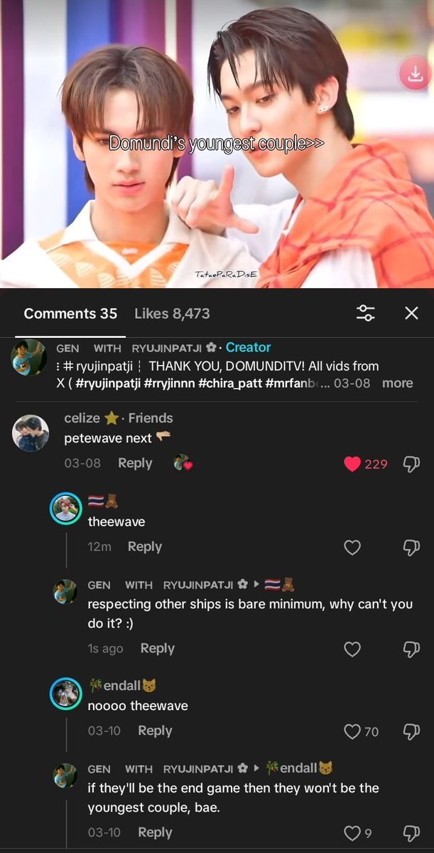 jjayjey's tweet image. Imagine being toxic about your ghost ships in the comment section under a ryupat edit that PATJI SAW??? 💀💀 fuckasses :) 

The context of the video was RyuPat being the youngest DMD Couple so my friend commented PeteWave next because Pete's the youngest. So if you would reply
