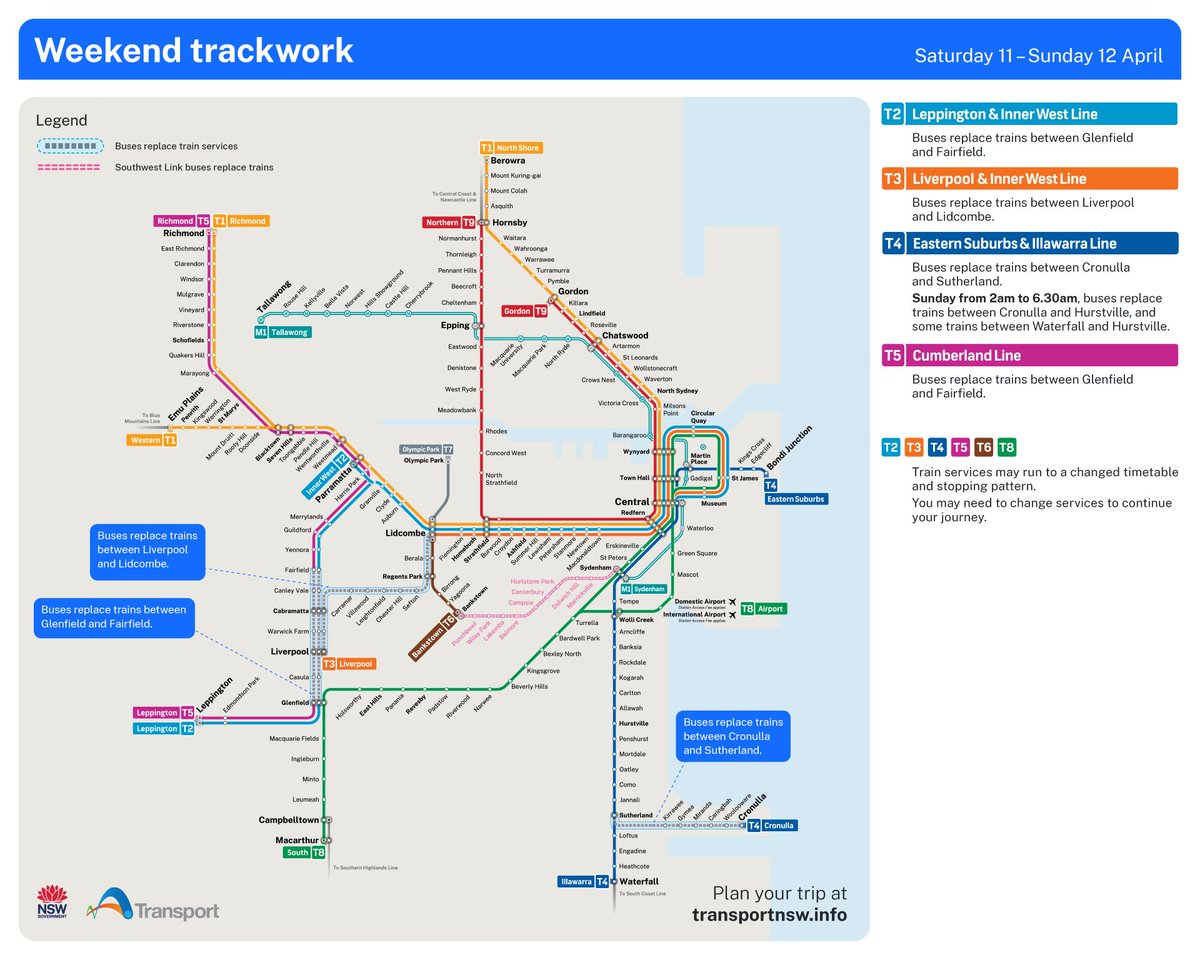 T4SydneyTrains's tweet image. Are you travelling on the T4 Line this weekend?

#Trackwork may affect how you travel.

🚍Buses replace trains between Cronulla and Sutherland.
🚆 Trains run to a changed timetable between Waterfall, Sutherland and Bondi Junction.

More info: transportnsw.info/alerts/details…