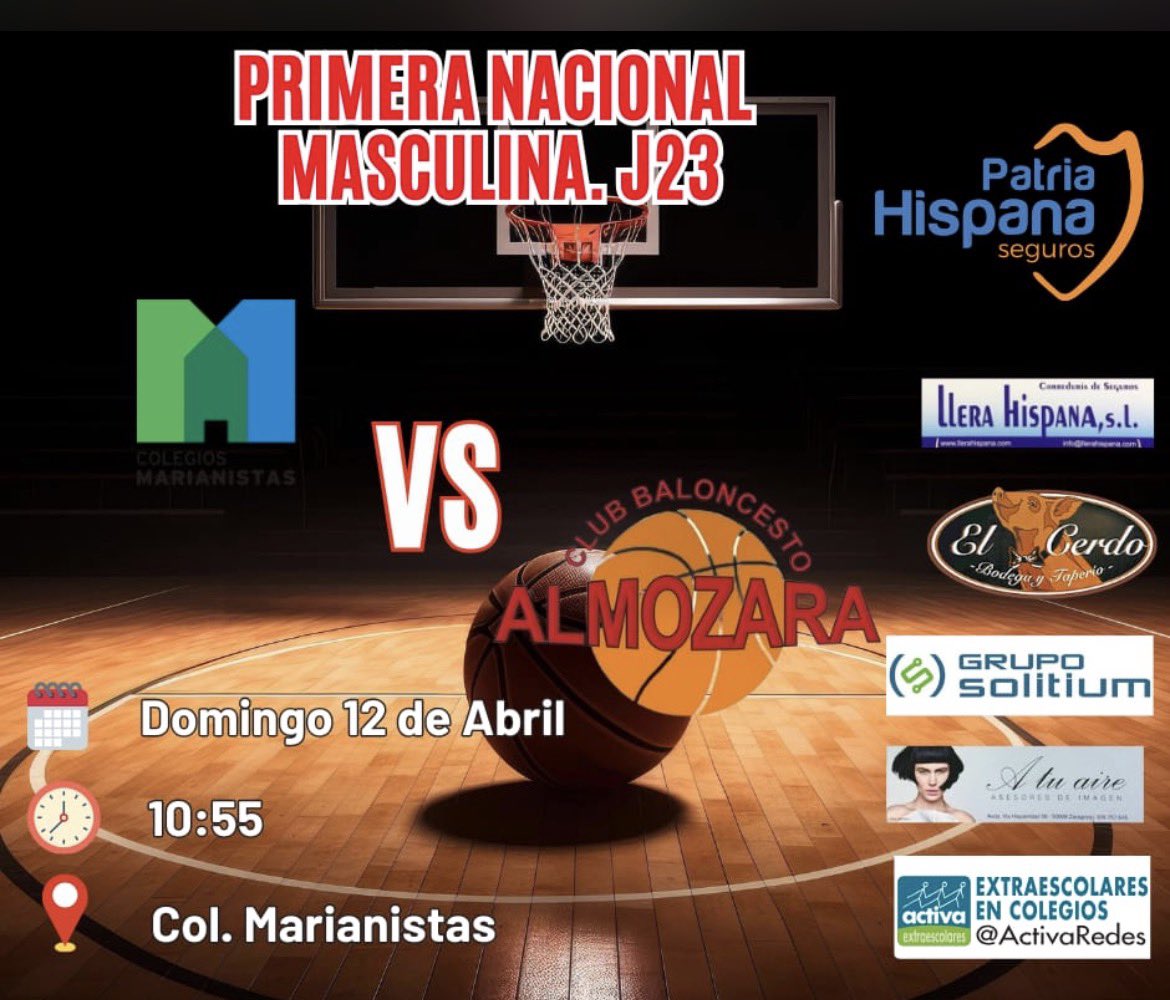 CBAlmozara's tweet photo. Partido Nacional Masc🏀🏀🏀 @BSKTMarianistas - CB Almozara @PatriaHispanaSe 🏀🏀🏀
🗓️ Domingo 
🏠 Pabellón Marianistas⏰ 10:55h. https://t.co/D0Aokh28Ga