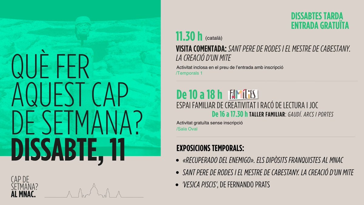 MuseuNac_Cat's tweet image. 🗨️ Encara no has descobert el #MestreDeCabestany? Continuem amb les visites guiades a l’exposició "Sant Pere de Rodes i el Mestre de Cabestany".

🚪 I el taller familiar de dissabte té com a protagonista a #AntoniGaudí al taller "Arcs i portes"!

📲 capdesetmanamnac.cat