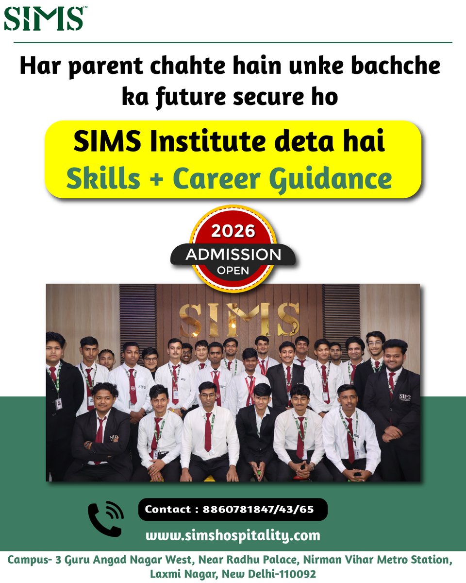 SIMS_Delhi's tweet image. 👨‍👩‍👦✨ Har parent chahte hain unke bachhe ka future secure ho!

🎓 Hotel Management is a smart career option with opportunities in Hotels, Airlines, Cruise, Resorts &amp;amp; more 🏨✈️

📞 Call Now: 8860781847
🌐 Visit: simshospitality.com

#securefuture #simsinstitute #admissionsopen