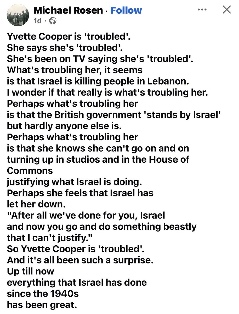 <a href="/Keir_Starmer/">Keir Starmer</a> Yvette Cooper is troubled, says Michael Rosen. #Palestine