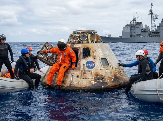 Newscd15's tweet image. #Monde : La mission Artemis II s’est achevée avec succès, marquant une étape historique dans le retour de l’humanité vers la Lune. Après plusieurs jours passés en orbite lunaire à bord de la capsule Orion, les quatre astronautes sont revenus sur Terre en toute sécurité,