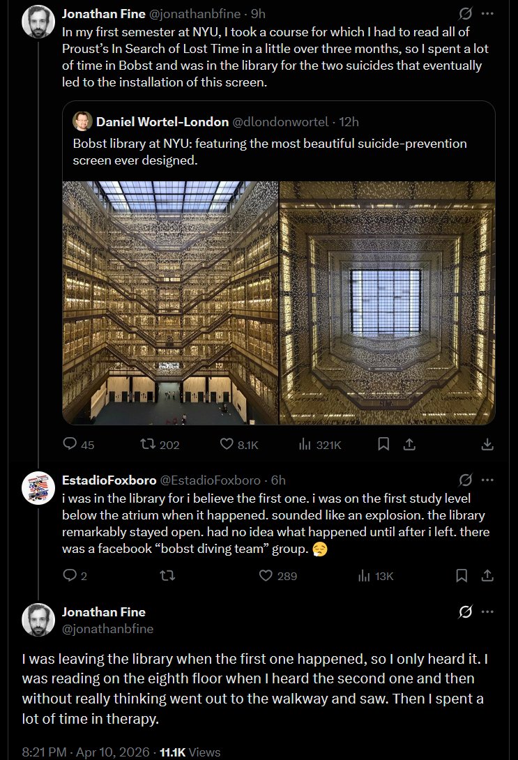 spitemeter's tweet image. it's not mine to tell anyone how to process trauma, but i think i would struggle not to find this glibness in pretty poor taste if i was close to either of the people that jumped to their deaths in bobst library