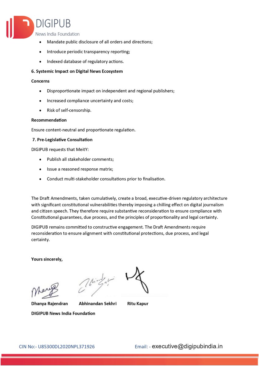 DigipubIndia's tweet image. We’ve sent DIGIPUB’s submission on the Draft IT Rules, 2026 to the Ministry.
Now it’s your turn.
Submit your responses by 14 April — and use our document if helpful. (link in reply👇)
Let’s make our voices count.
#ITRules #Consultation #DigitalNews