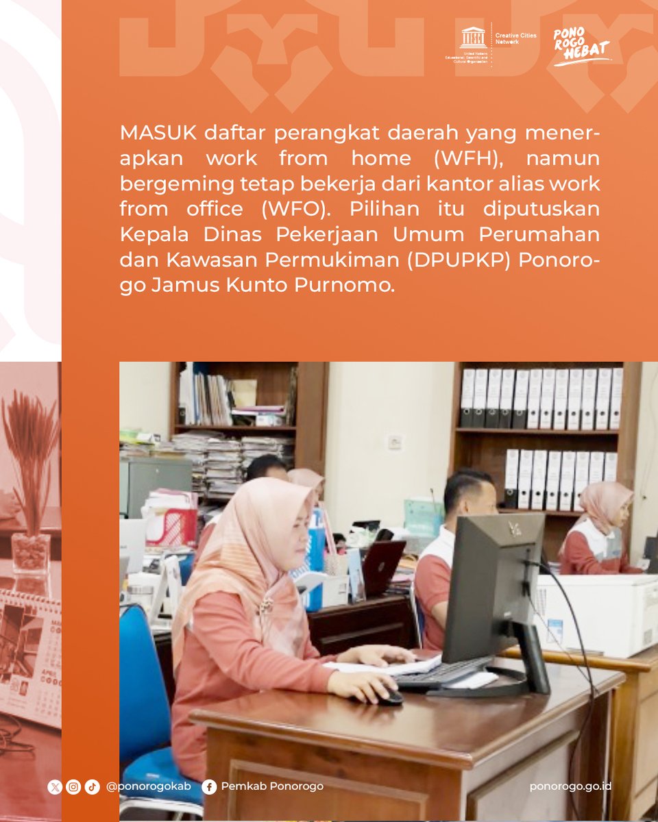 PonorogoKab's tweet image. “Berdasarkan kesepakatan bursama seluruh karyawan dengan mempertimbangkan karakter pekerjaan di dinas yang bersifat kolaboratif dan tidak terpisah dari aktivitas lapangan,” tegas Jamus, Jumat (10/4/2026).

Selengkapnya: ponorogo.go.id/2026/04/10/dpu…

#ponorogoHEBAT #ponorogokab #wfh